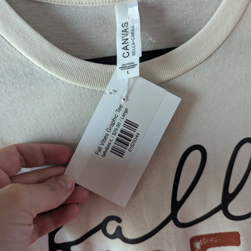 Bella Canvas Fall Vibes Crew Neck Short Sleeve Graphic Tee Top White Large NWT - Picture 7 of 8